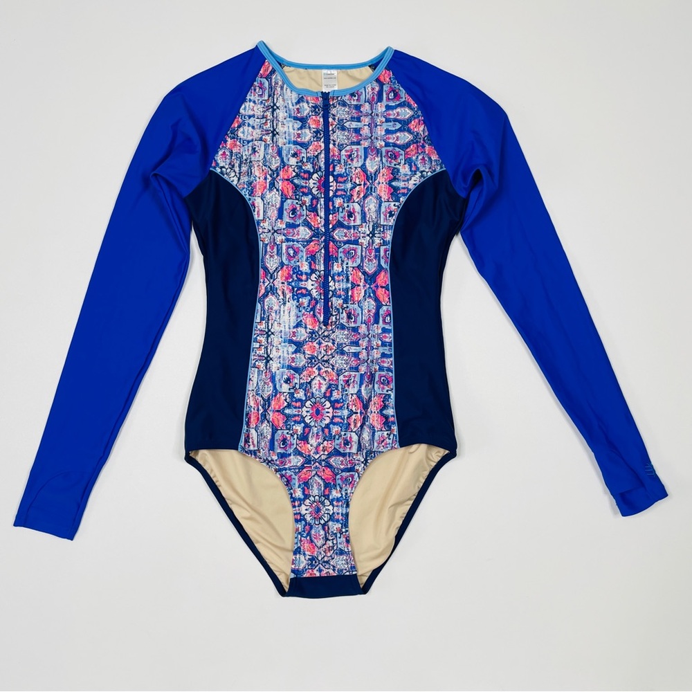 Coolibar Escalante Long Sleeve Swimsuit SMALL, Blue & Navy UPF 50+, 1-Piece, Zip